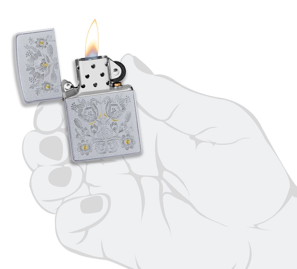 Zippo Painted Floral Design Satin Chrome Windproof Pocket Lighter, 205-086867