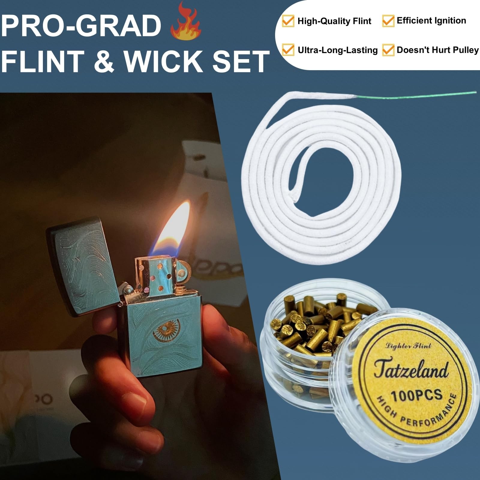 Lighter Flints and Wick Set – Inculdes (100Pcs 100pcs Gold Flints+