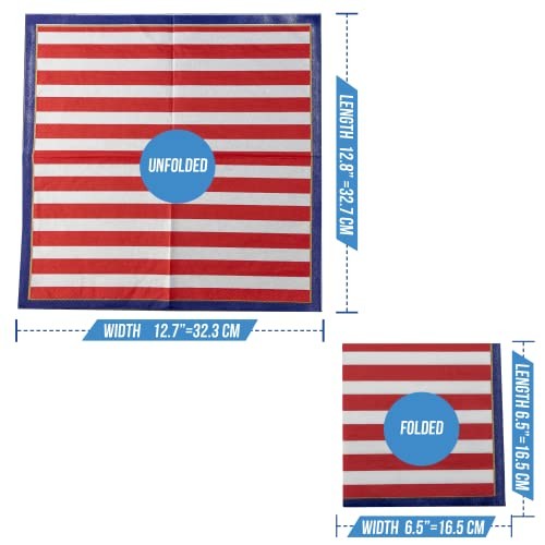 48-Count Patriotic Stripes Paper Napkins 6.5×6.5-Inch 2-Ply Red White Blue
