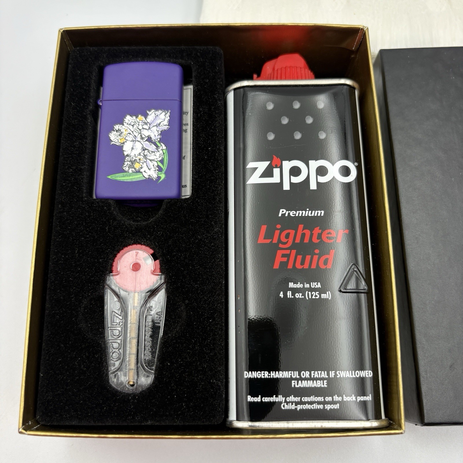 Zippo Lighter 2003 Gift Kit: Purple Textured Botanical Flowers Fluid and Flints