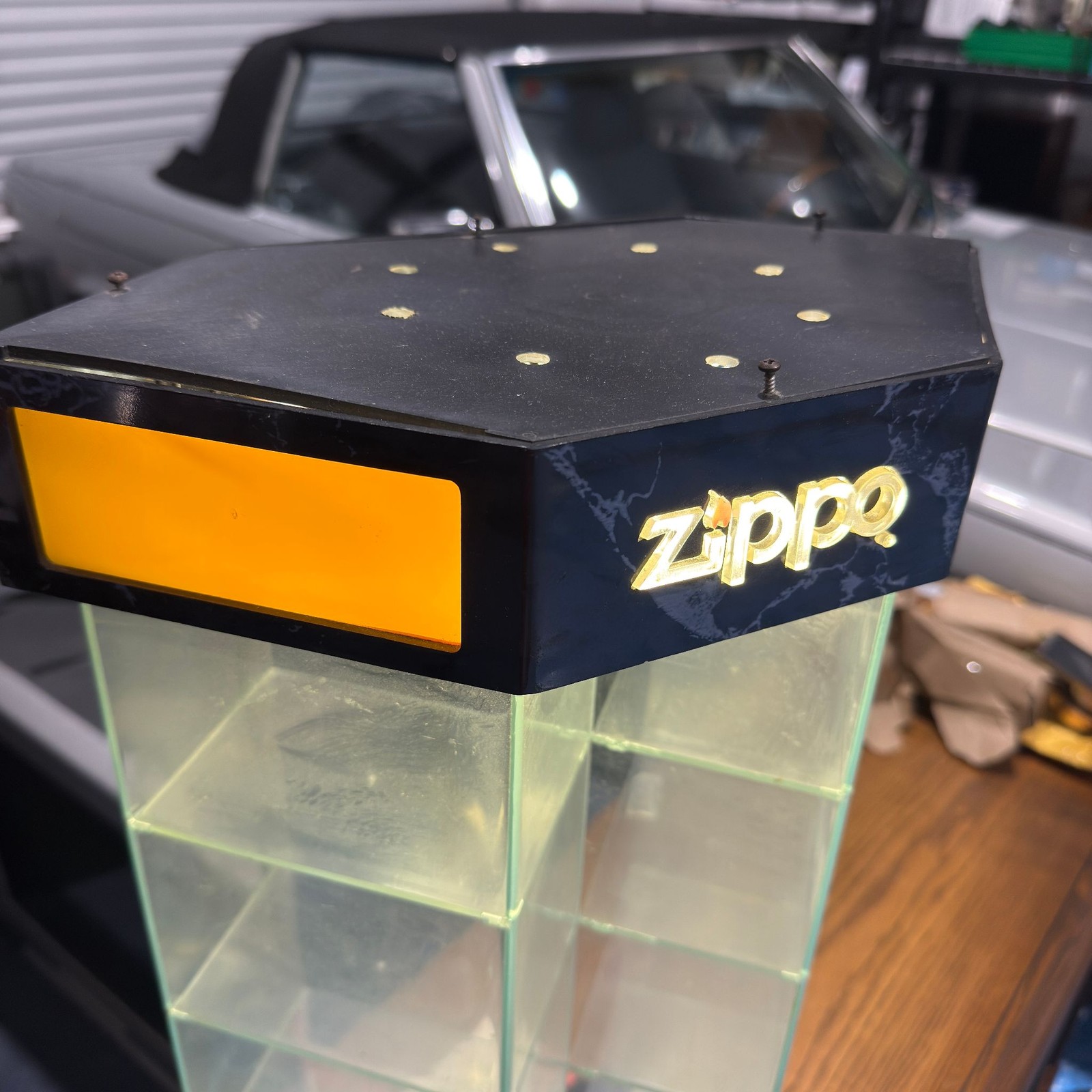 Zippo Lighted Countertop Display Case Glass Shelves Rotating Hexagonal Vintage
