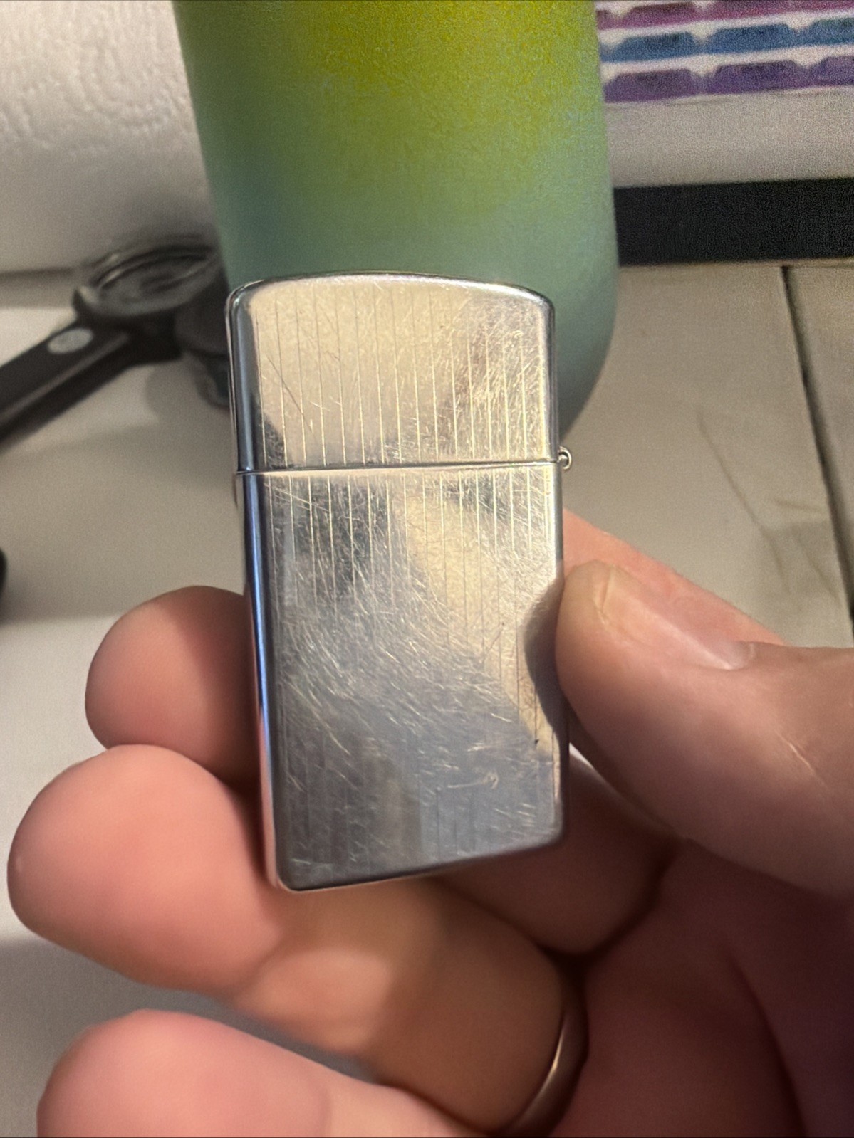 Slim Zippo Lighter 2 Designs Stripe Floral Engine Turned Vintage Needs Flint 16A