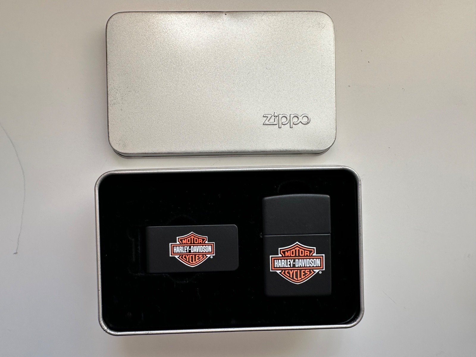 1996 NOS Zippo Lighter Harley Davidson HD160 W/ Money Clip Set Original Tin Box