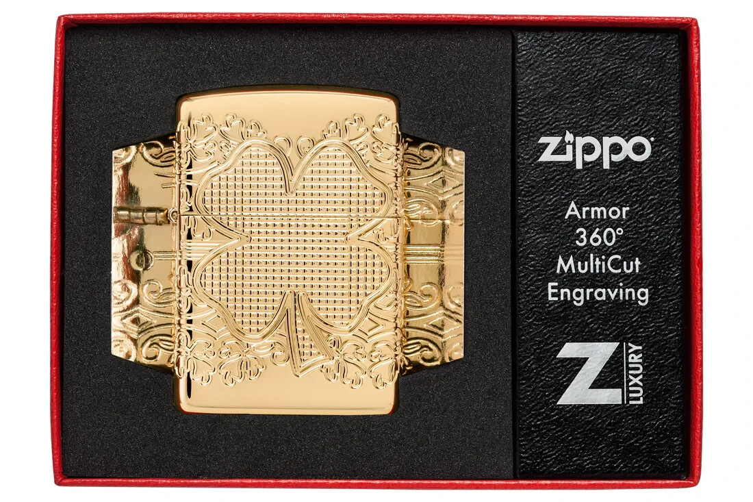 Zippo Armor Lucky Clover Design Multicut Textured High Polish Gold Plate 46301