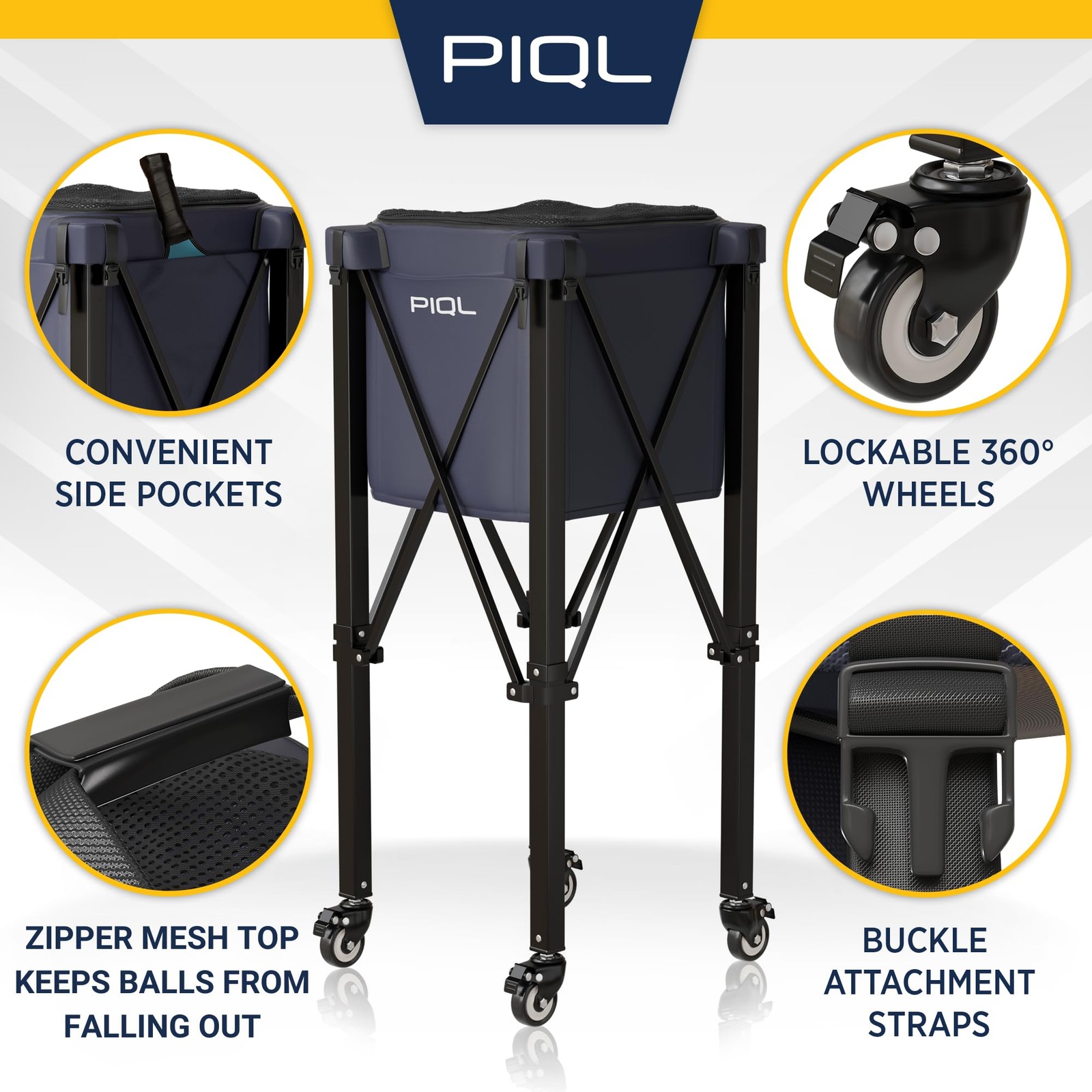 Piql Navy Blue Pickleball Ball Caddy – Wheeled Cart Storage Bag – 100