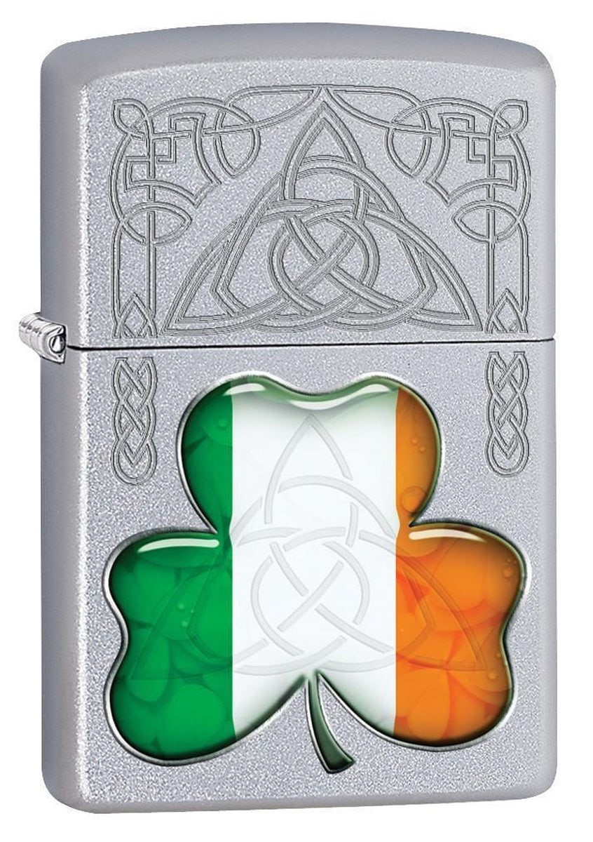 Zippo Ireland Flag and Symbols Lighter, Satin Chrome NEW IN BOX