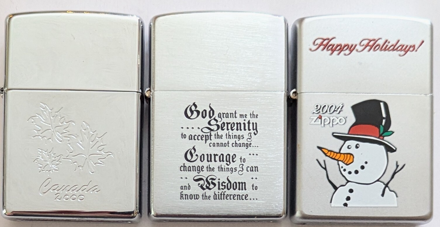 3 ZIPPO HAPPY HOLIDAYS SNOWMAN Canada God Serenity Courage Wisdom
