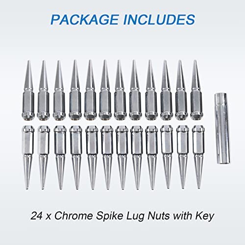 New Wheel Spike Lug Nuts (24pcs) with 1 Socket Key Chrome 14×1.5 4.5 Tall 6