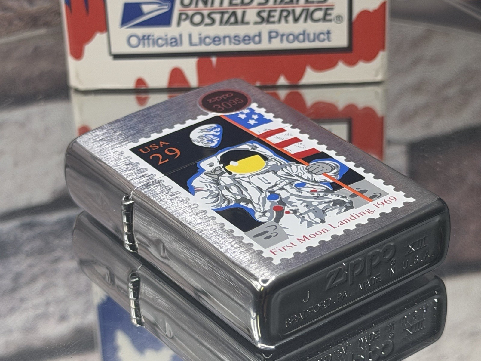 1997 Zippo Space Apollo 11 First Moon Landing 1969 Postage Stamp W/ Original Box