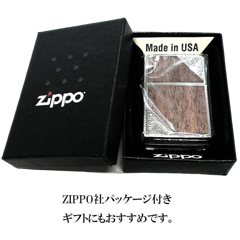 Zippo Oil Lighter Wood Metal Silver Brown Brass Etching Regular Case Japan