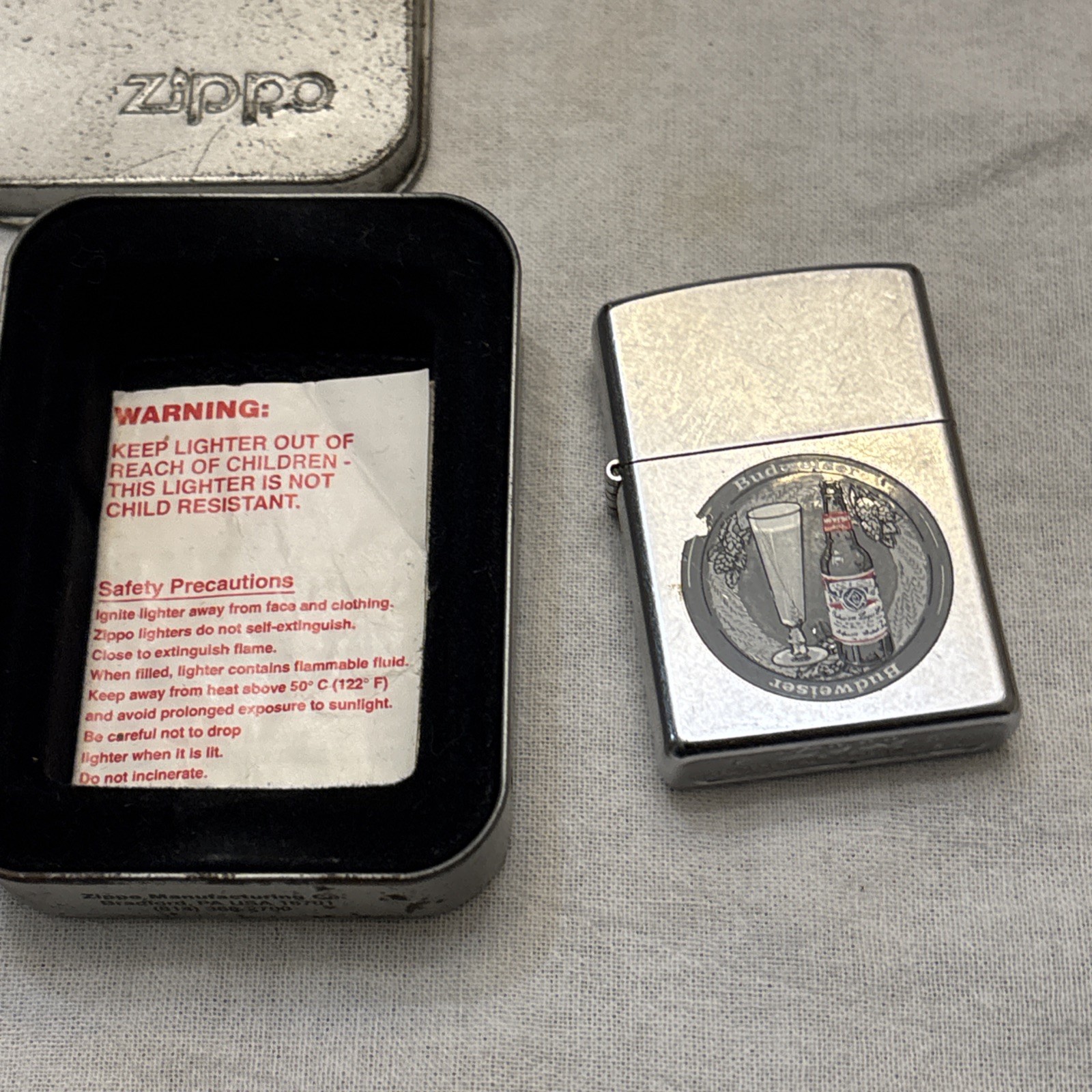 Zippo Lighter 2002 Budweiser Beer Graphic Polished Chrome Used Rare