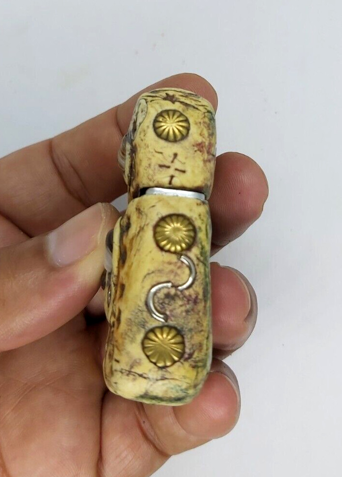 Ancient African Zippo Lighter With Bone Case Decorated Enamel Brass & Seashell