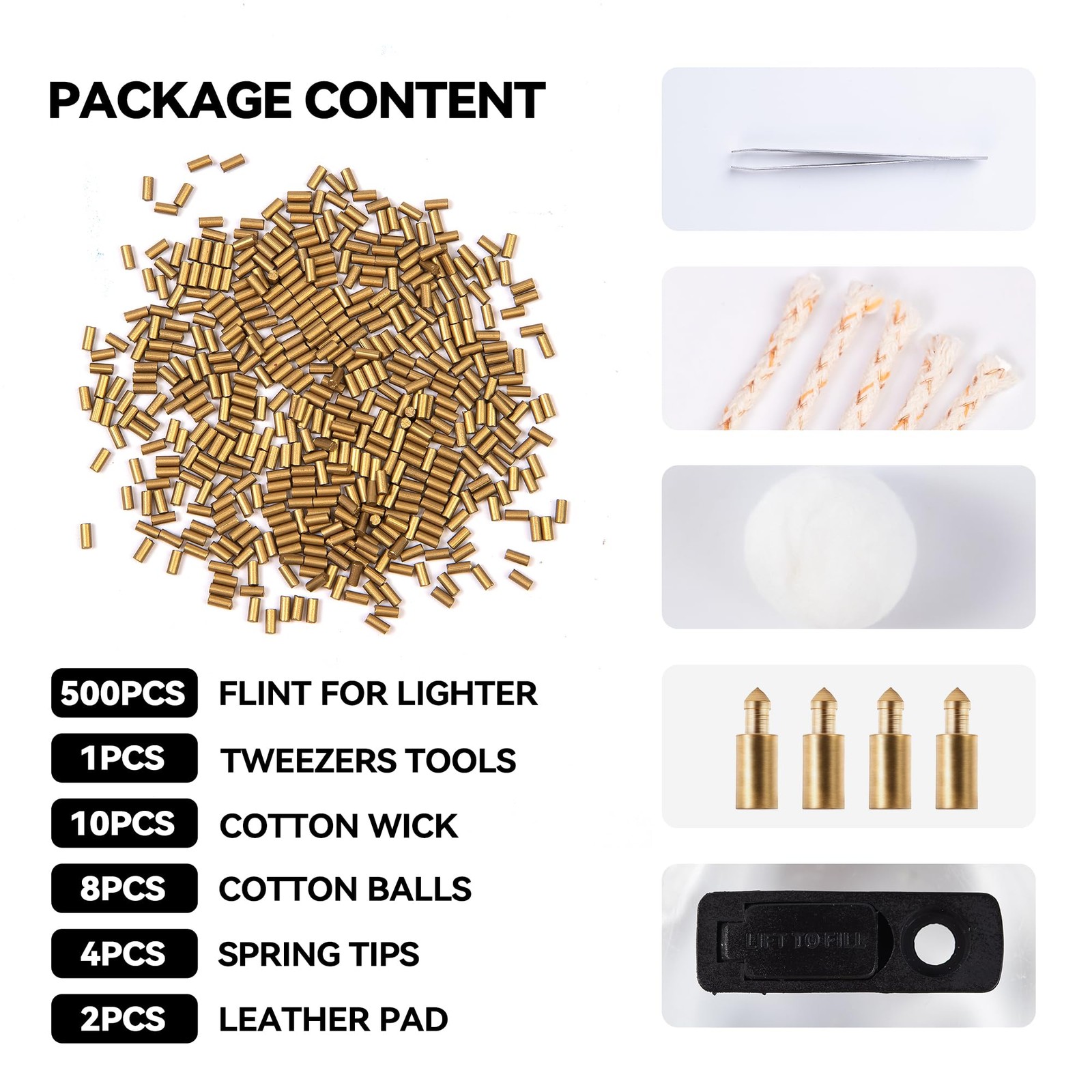 500Pcs Flint Refills & 10Pcs Cotton Balls & 1Pcs Tweezers & 8Pcs Flints Set
