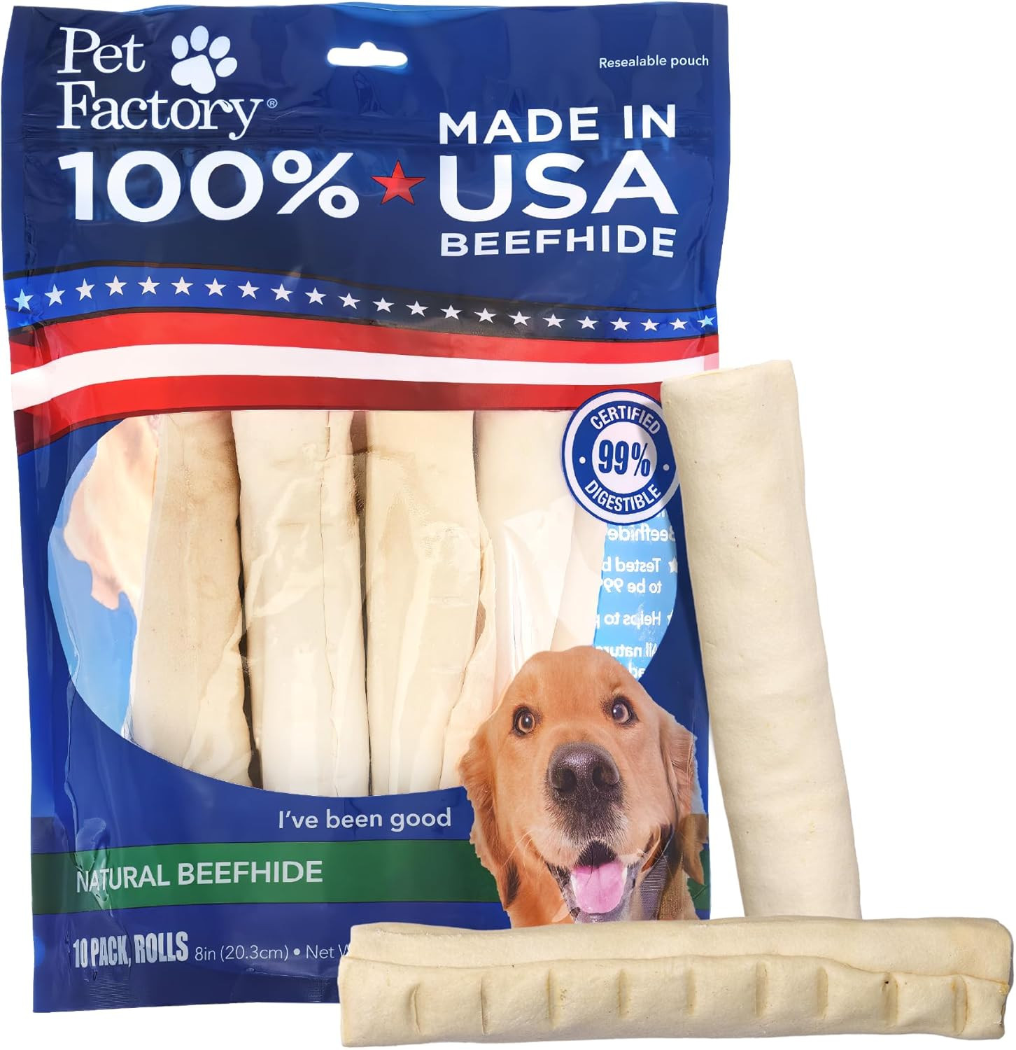100% Made in USA Beefhide 8″ Rolls Dog Chew Treats – Natural Flavor, 10 Count/1