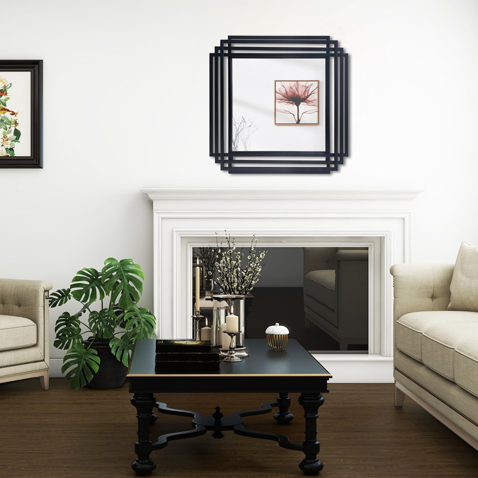 24″x24″ Square Decorative Wall Mirror with Black Metal Frame | Geometric Desi…