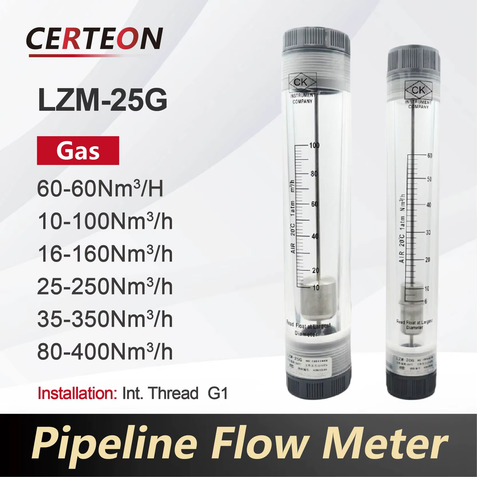 LZM-25G gas liquid flow meter G1 inline 6‑400 Nm3/h 1‑60 GPM acrylic rotameter c