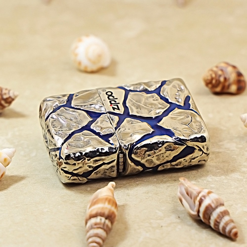 Genuine Zippo Silver Cracked Stone 3D Lighter Glow in Dark Wood Box