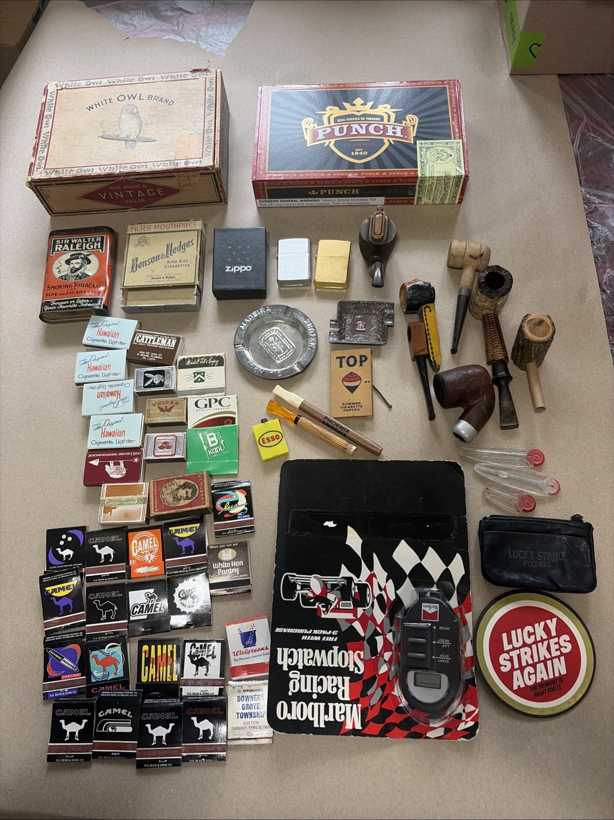 Vintage Tobacciana Lot Zippo + Pipes Matchbooks Tins Smoking Ephemera