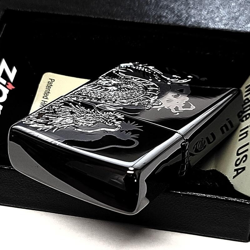 Zippo Dragon Etching Laser Engraving Black Nickel & Silver Regular Lighter Japan