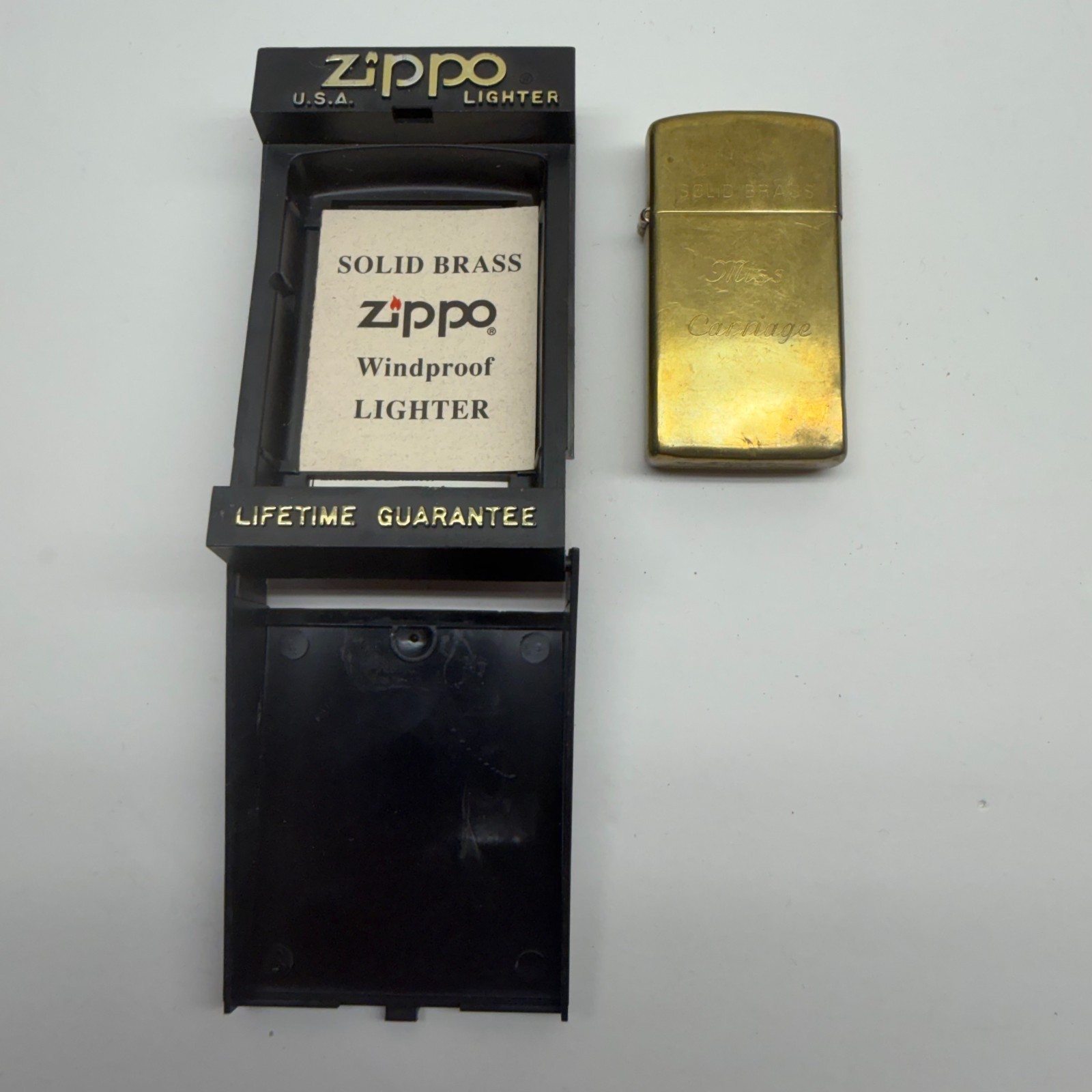 Zippo Solid Brass SLIM Lighter C XII March 1996 MARKED USA Vintage – AS IS