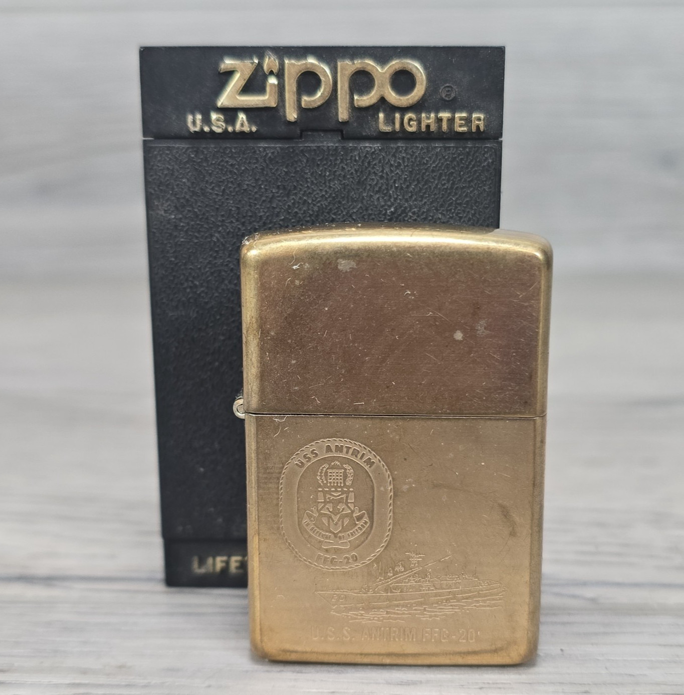 Vtg 1993 USS Antrim FFG-20 US Navy Brass Zippo Lighter With Original Plastic Box