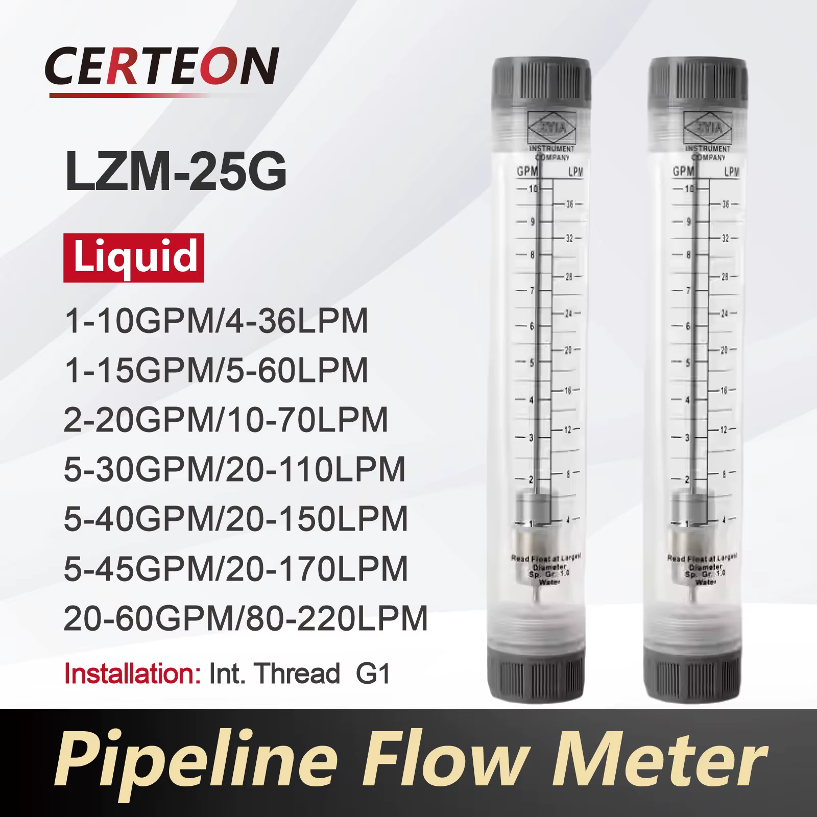 LZM-25G gas liquid flow meter G1 inline 6‑400 Nm3/h 1‑60 GPM acrylic rotameter c
