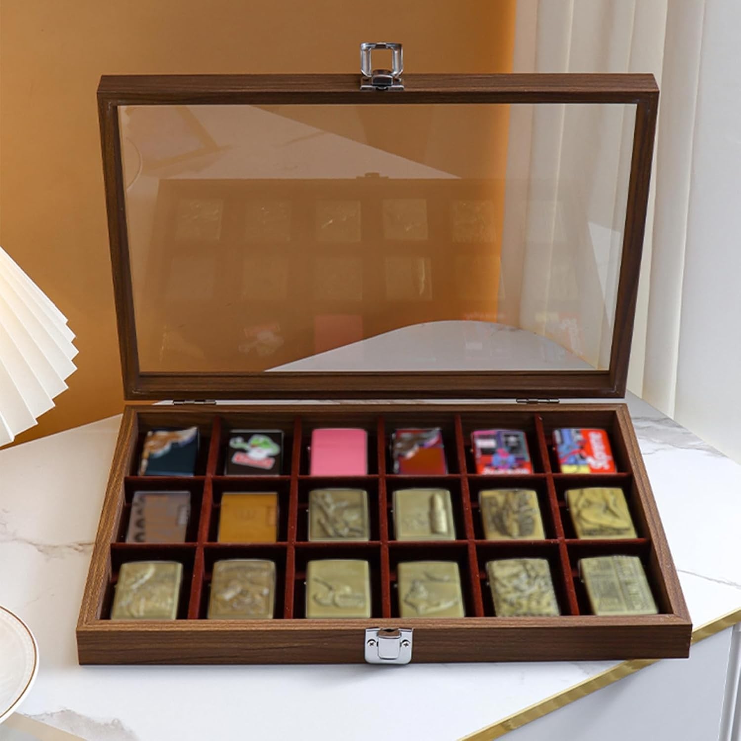 Zippo Lighter Display Case, Zippo Lighter Case With Glass Top&Lock, 18 Capacity