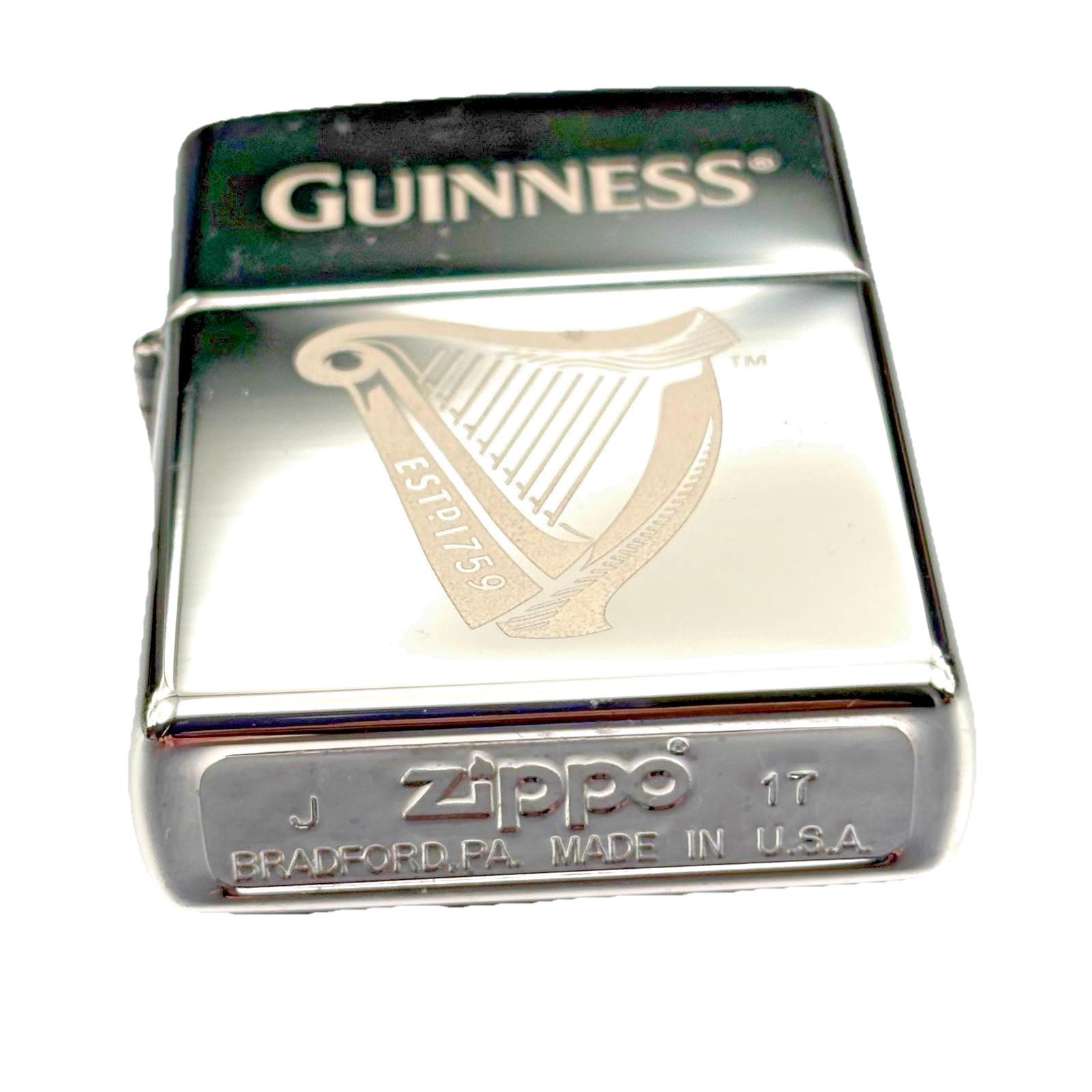 Zippo High Polish Chrome Guinness Harp Lighter 29648 New Unfired Safety Seal