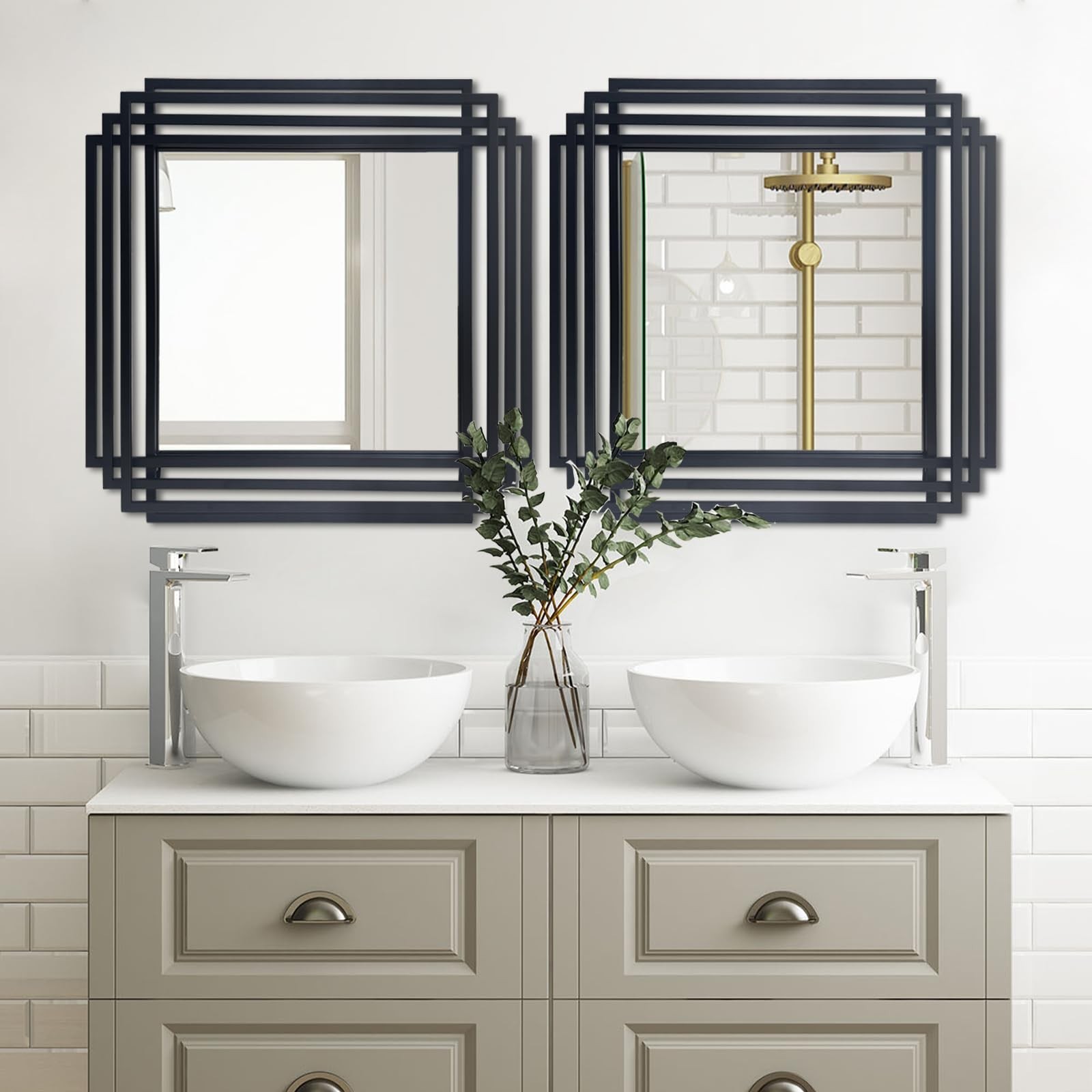 24″x24″ Square Decorative Wall Mirror with Black Metal Frame | Geometric Desi…