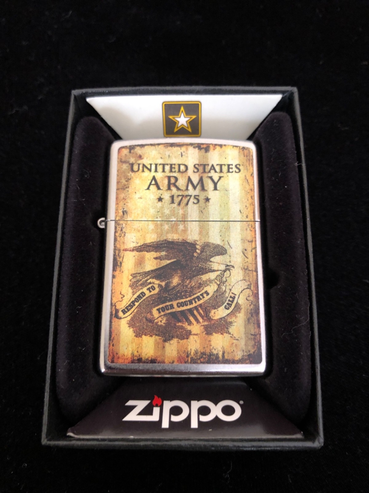 Zippo Lighter, 49315 U. S. Army, Flag with Eagle & 1775, Extra wick & flints