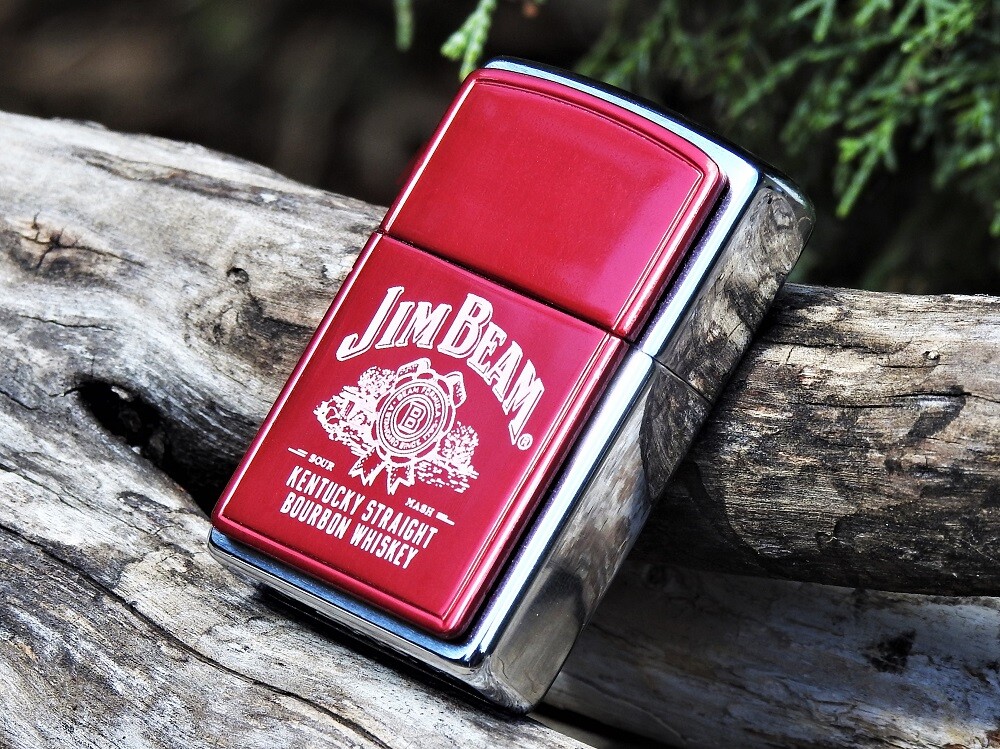 Jim Beam Label Zippo Lighter – Red Anodized – Kentucky Straight Bourbon Whiskey