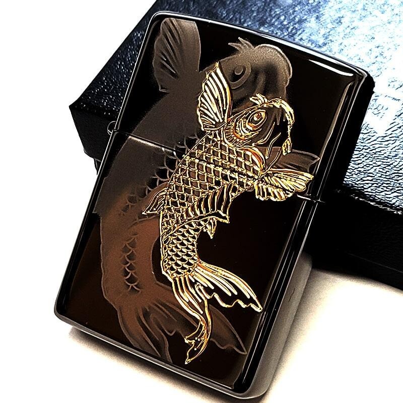 Zippo Carp Etching Laser Engraving Black Nickel & Gold Regular Lighter Japan
