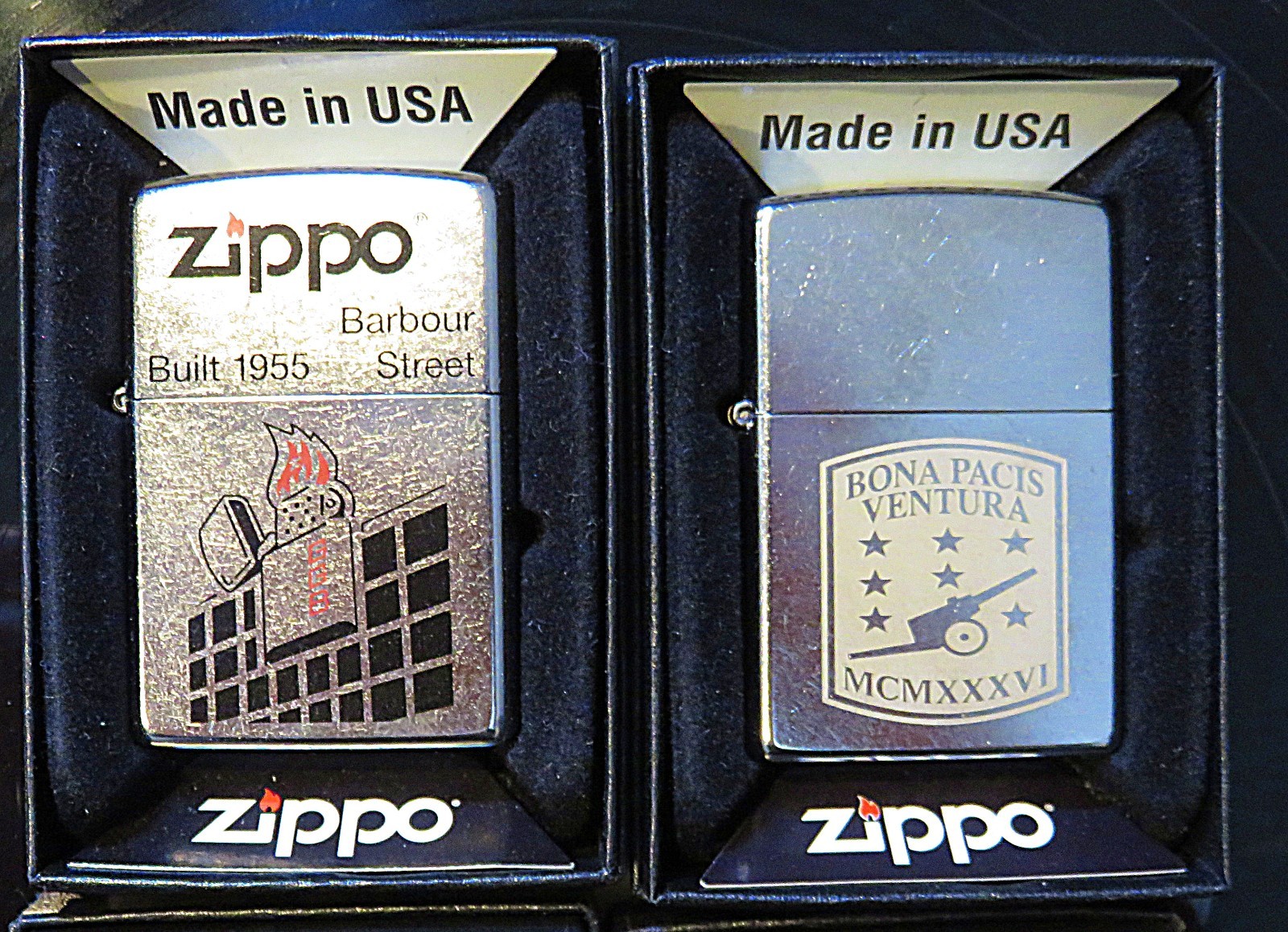 ZIPPO LOT OF 4 LIGHTERS UNFIRED IN BOX ZIPPO HQ, TABLE LIGHT, ROTC , SKULL BONES