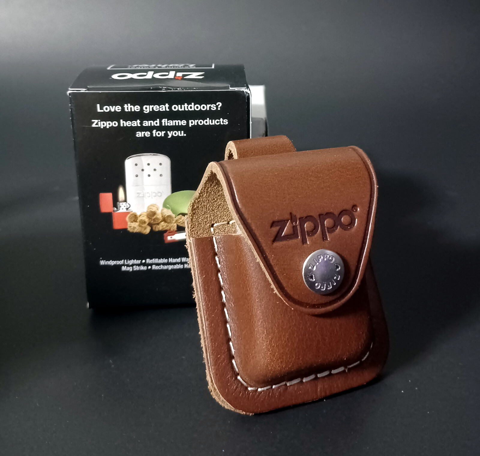 Personalized Genuine Brown Leather Zippo Lighter Pouch with Loop-Custom Engraved