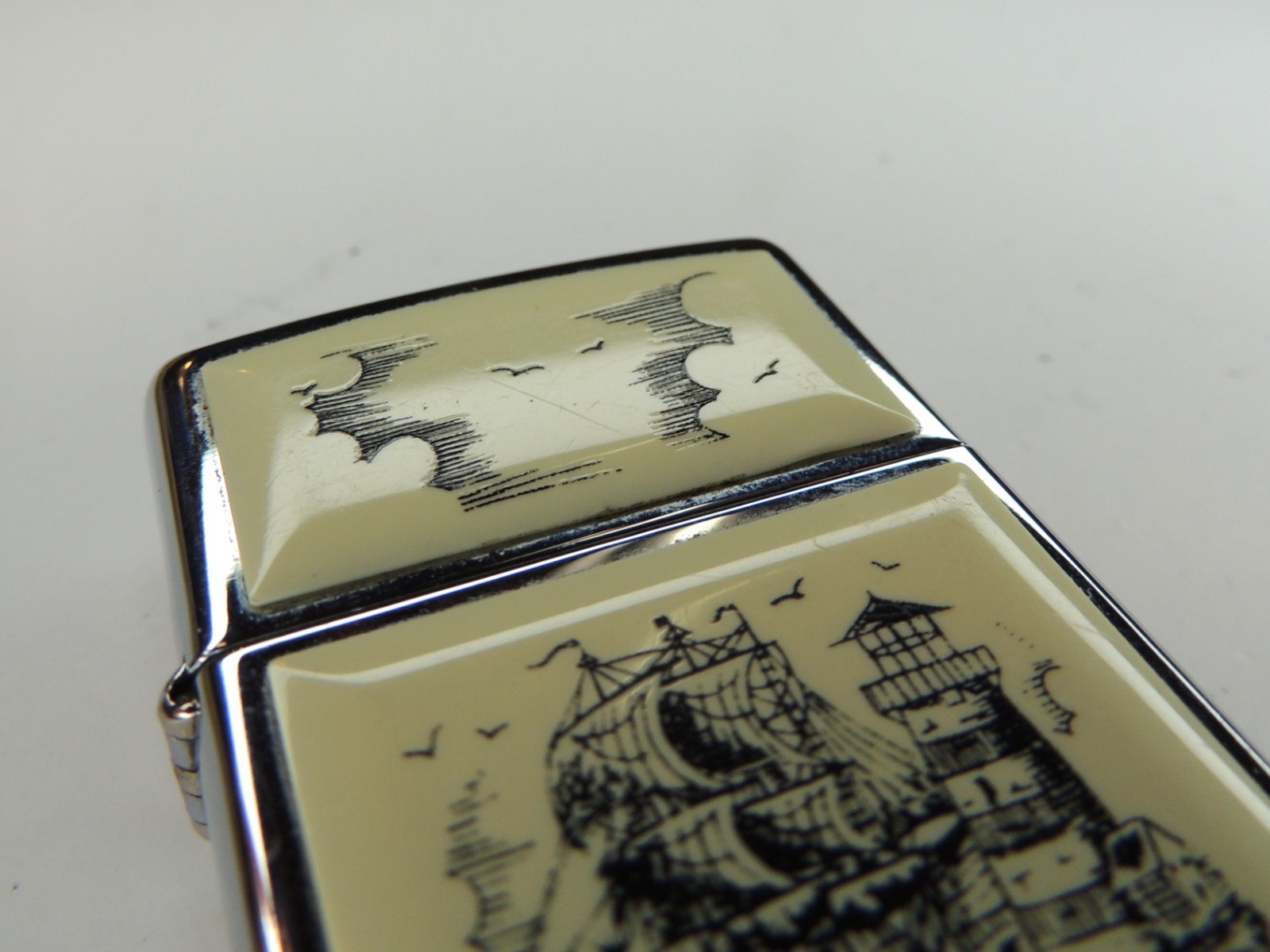 Vtg 1995 Scrimshaw Boat Lighthouse Nautical Zippo Flip Top Lighter USA As Is