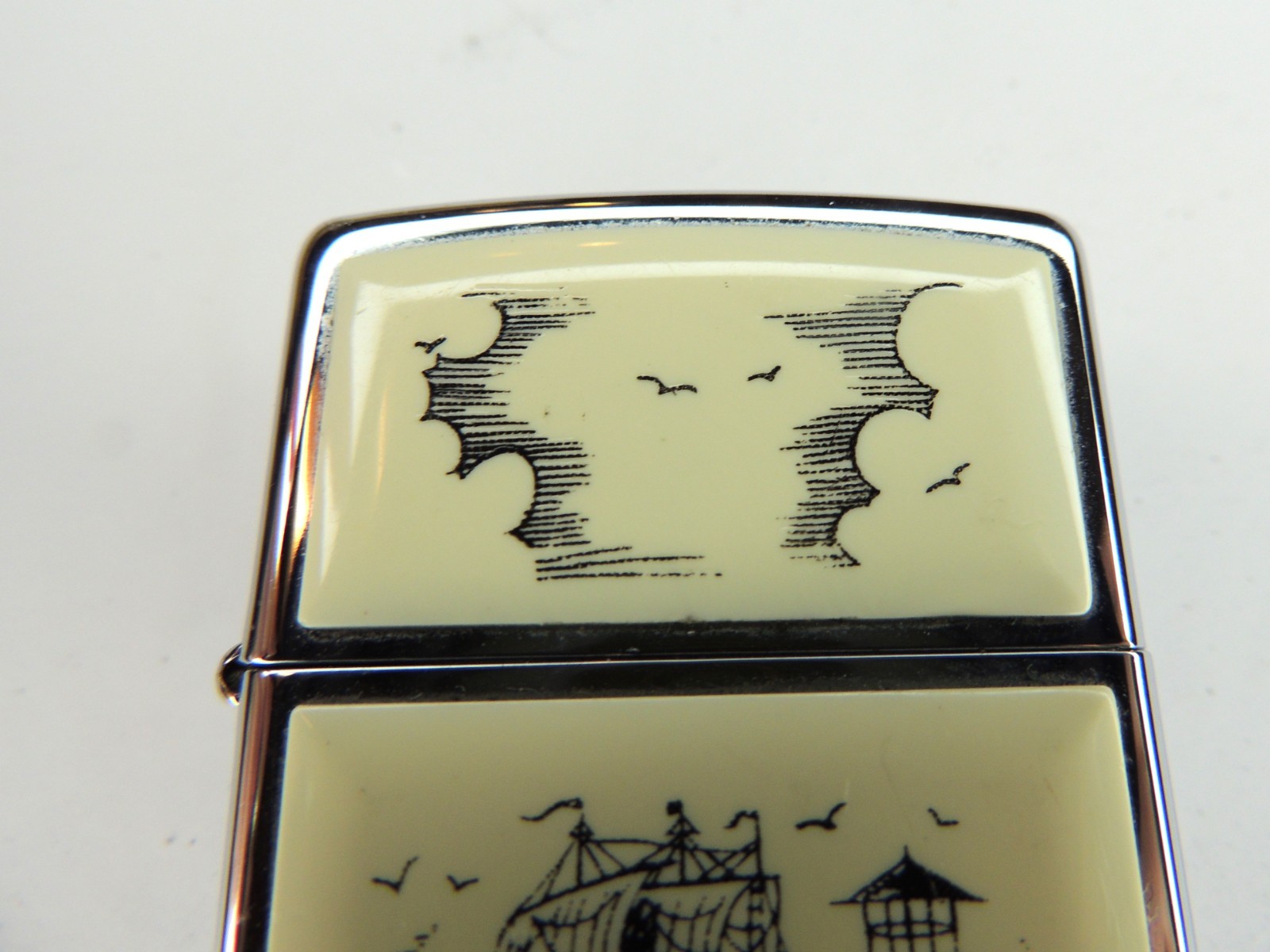 Vtg 1995 Scrimshaw Boat Lighthouse Nautical Zippo Flip Top Lighter USA As Is