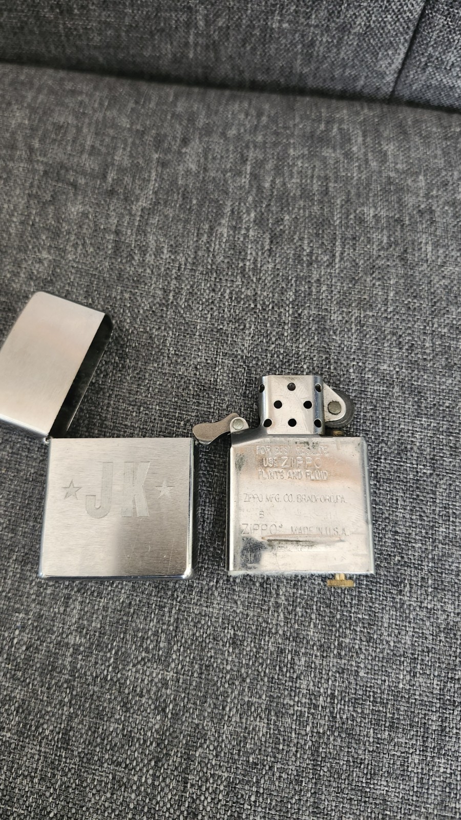 Zippo Brushed Chrome Flip-Top Lighter w/ Zippo Insert, Engraved Initials JK