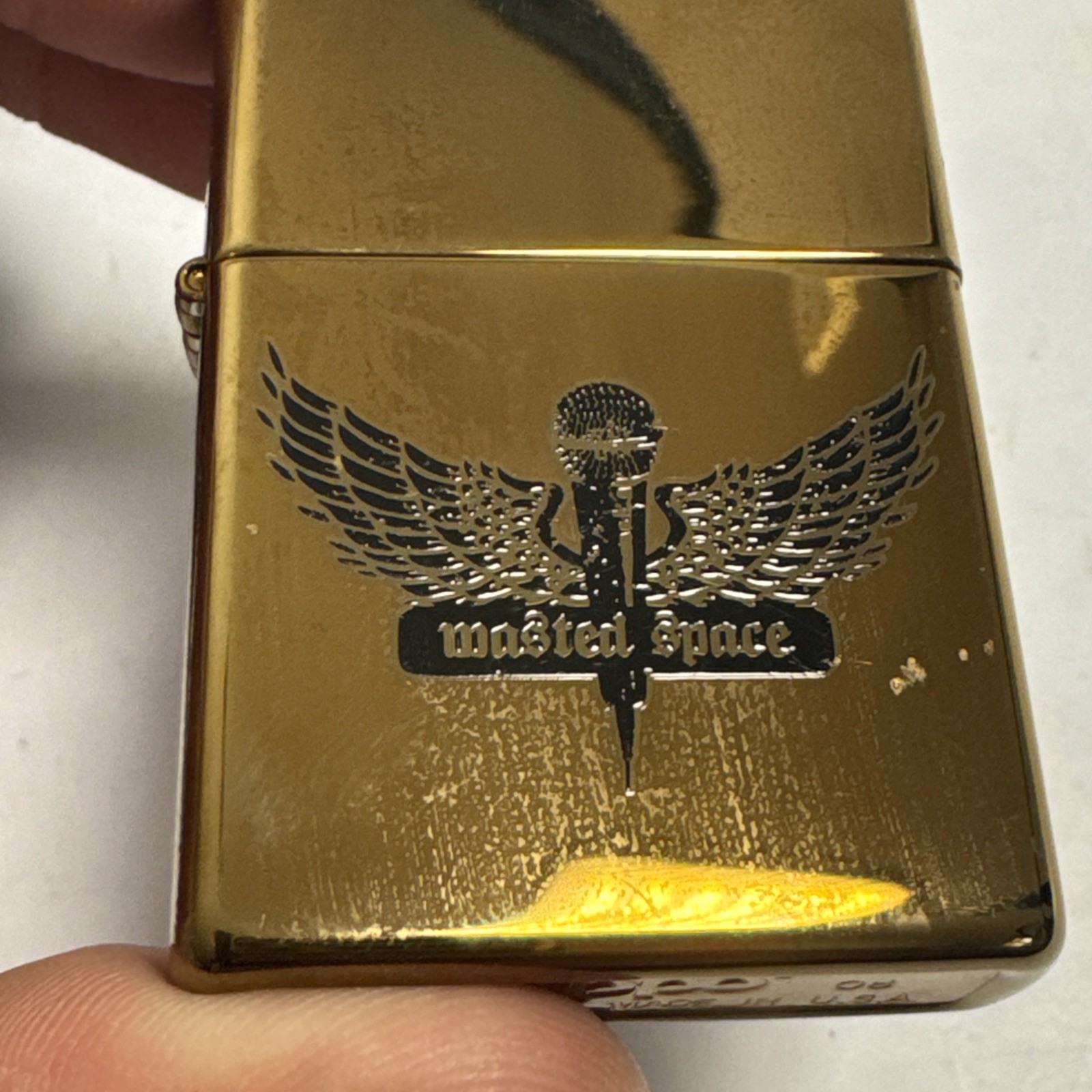 Rare HTF Brass Zippo Lighter Wasted Space #20447 Music Microphone Wings Clean