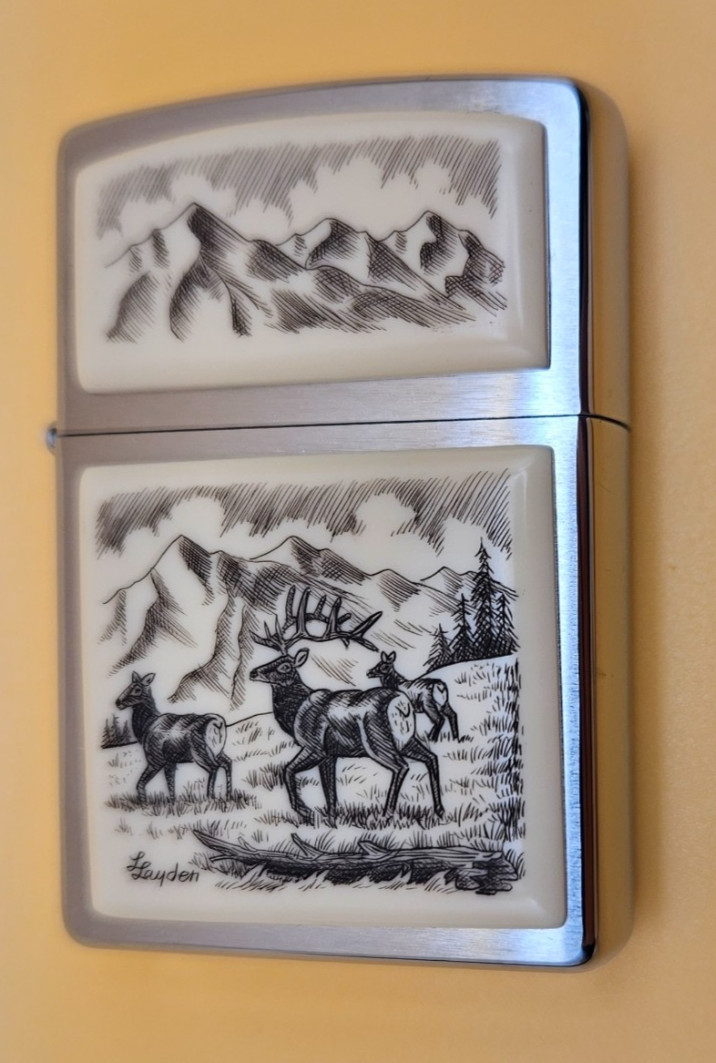 Zippo Lighter 2007 Linda Layden Scrimshaw, Elk on Alpine Meadow Rocky Mountains