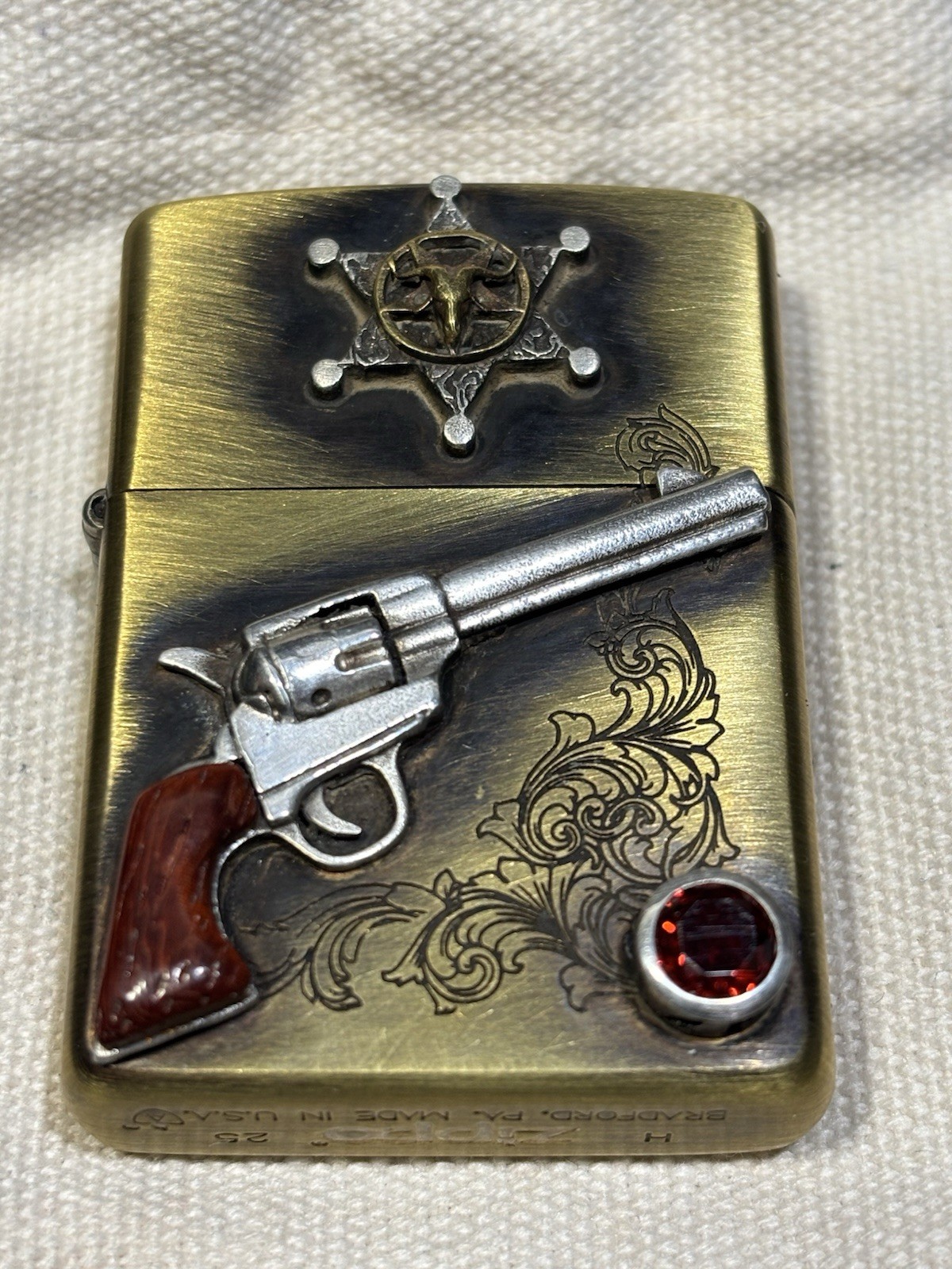 RARE Handmade. Heavy Sterling stamp Western Cowboy Zippo 2-side velvet Box