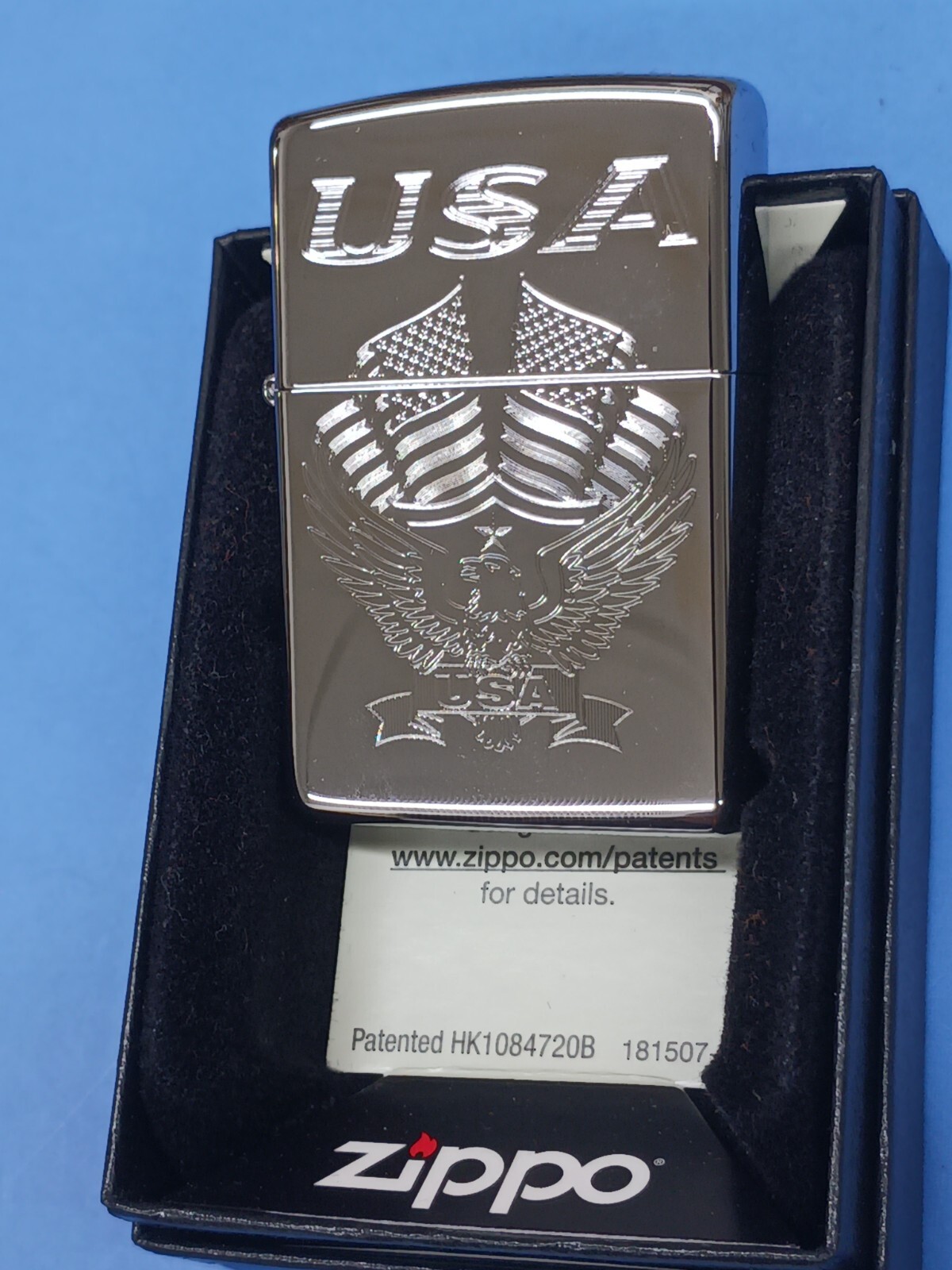 Zippo 250 Eagle Flag USA High Polish Chrome 250-03199