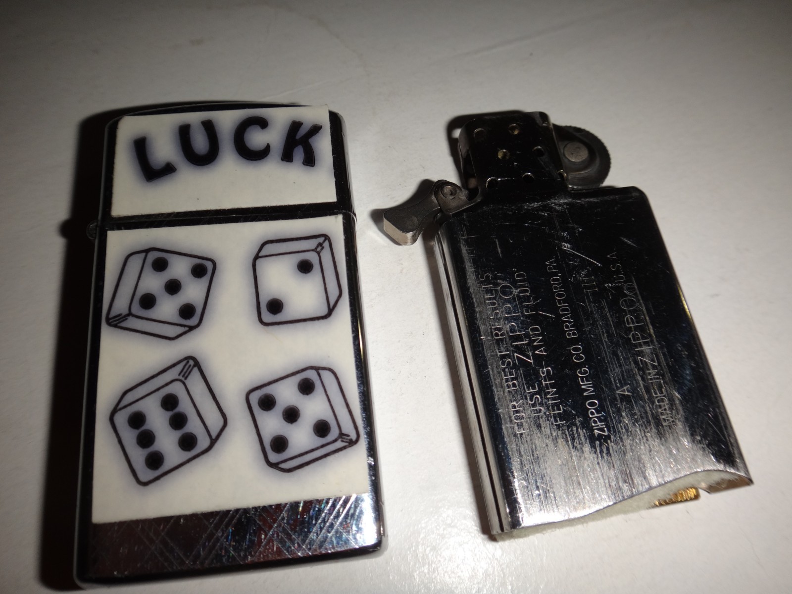 Vintage Year 1972 Zippo Slim Lighter with LUCK and 4 DICES Sticker