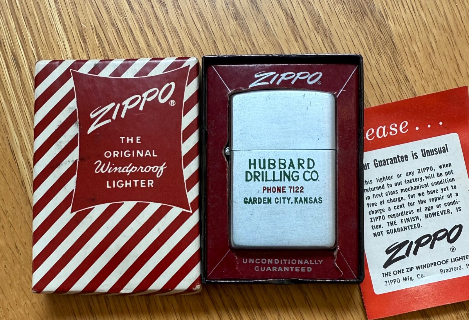 VINTAGE 1950s ZIPPO LIGHTER HUBBARD DRILLING NEVER USED IN CANDY STRIPE BOX