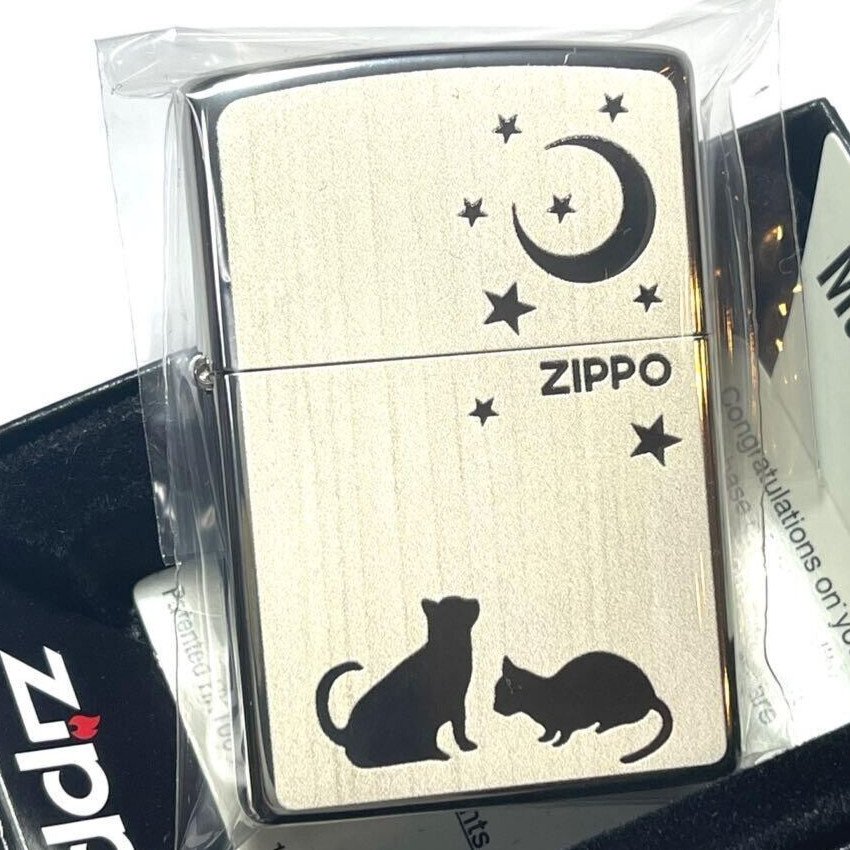Zippo Oil Lighter Cat And Moon Wooden Regular Case White Silver Brass Japan New