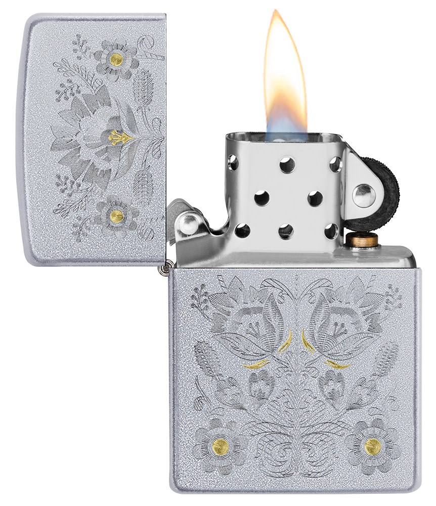 Zippo Painted Floral Design Satin Chrome Windproof Pocket Lighter, 205-086867
