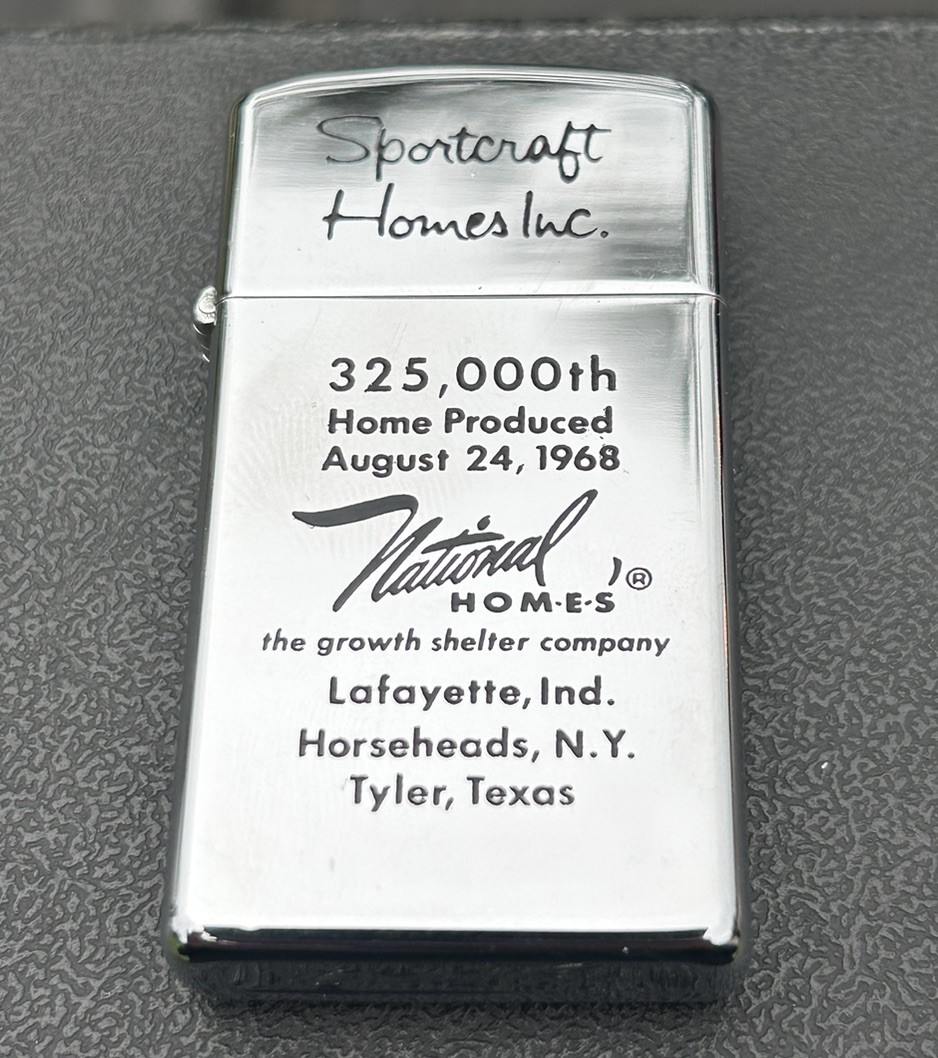 Vintage 1968 NATIONAL HOMES Indiana,New York,Texas ZIPPO Slim lighter Dbl Sided