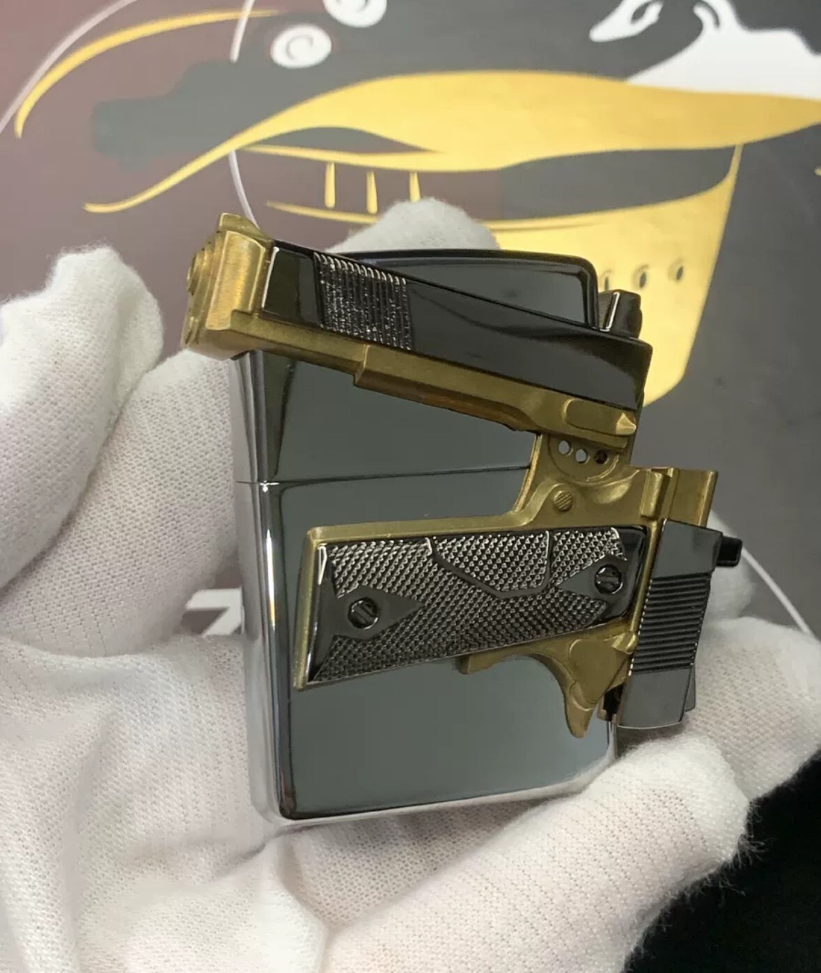 New Zippo oil Lighter Gun gold silver with box