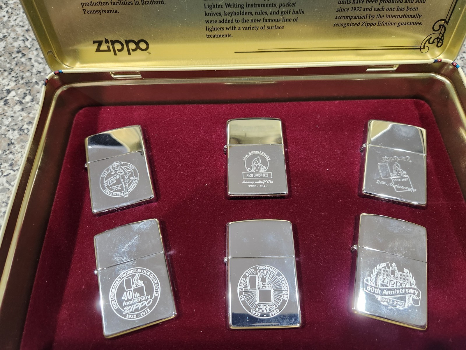 Zippo 60th Anniversary Collection Set 1932-1992 6 Lighters Tin Pins Guides