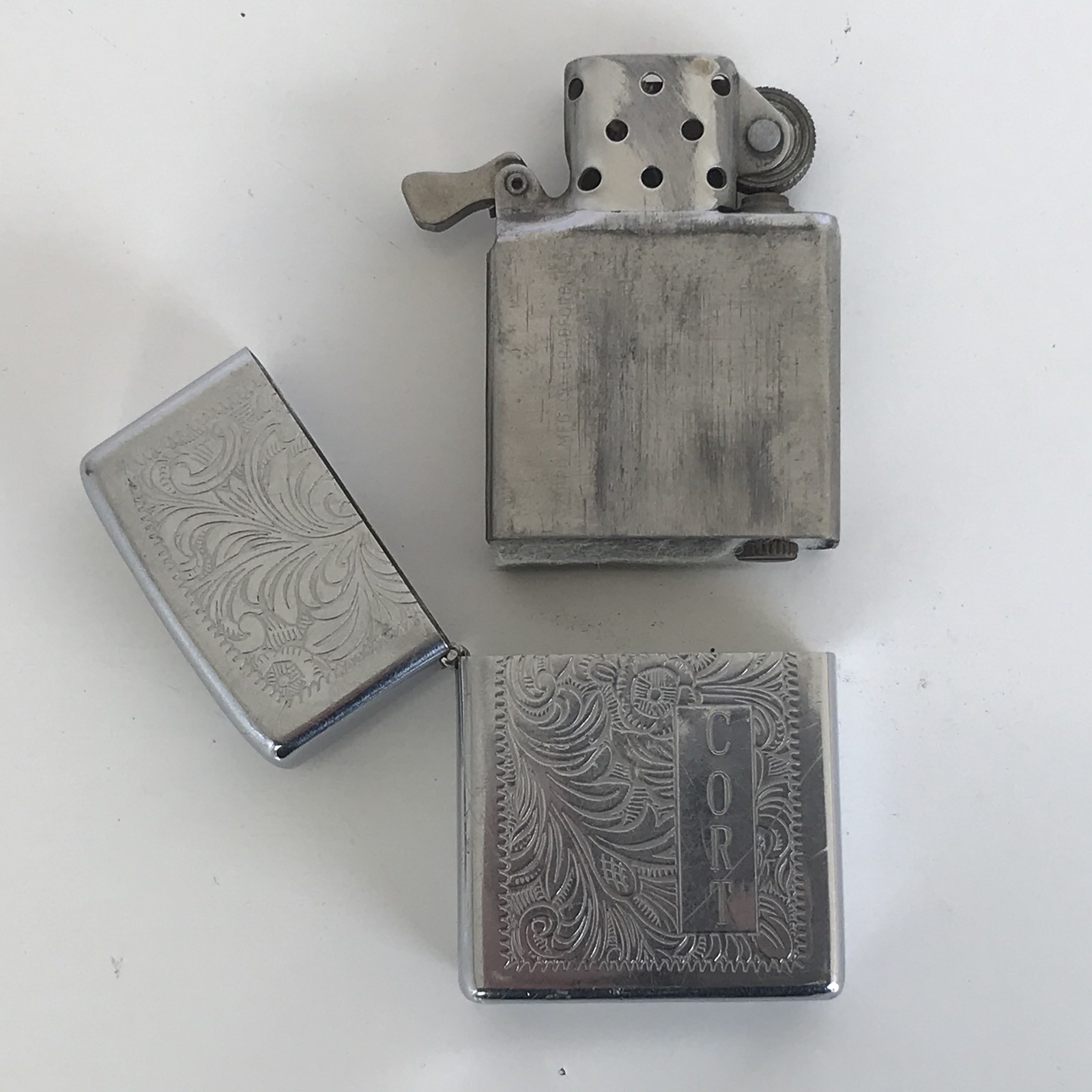 Vintage 1990s Zippo Scrolled Chrome Lighter Monogramed CORT 2 1/4″ X 1 1/2″
