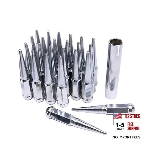 New Wheel Spike Lug Nuts (24pcs) with 1 Socket Key Chrome 14×1.5 4.5 Tall 6